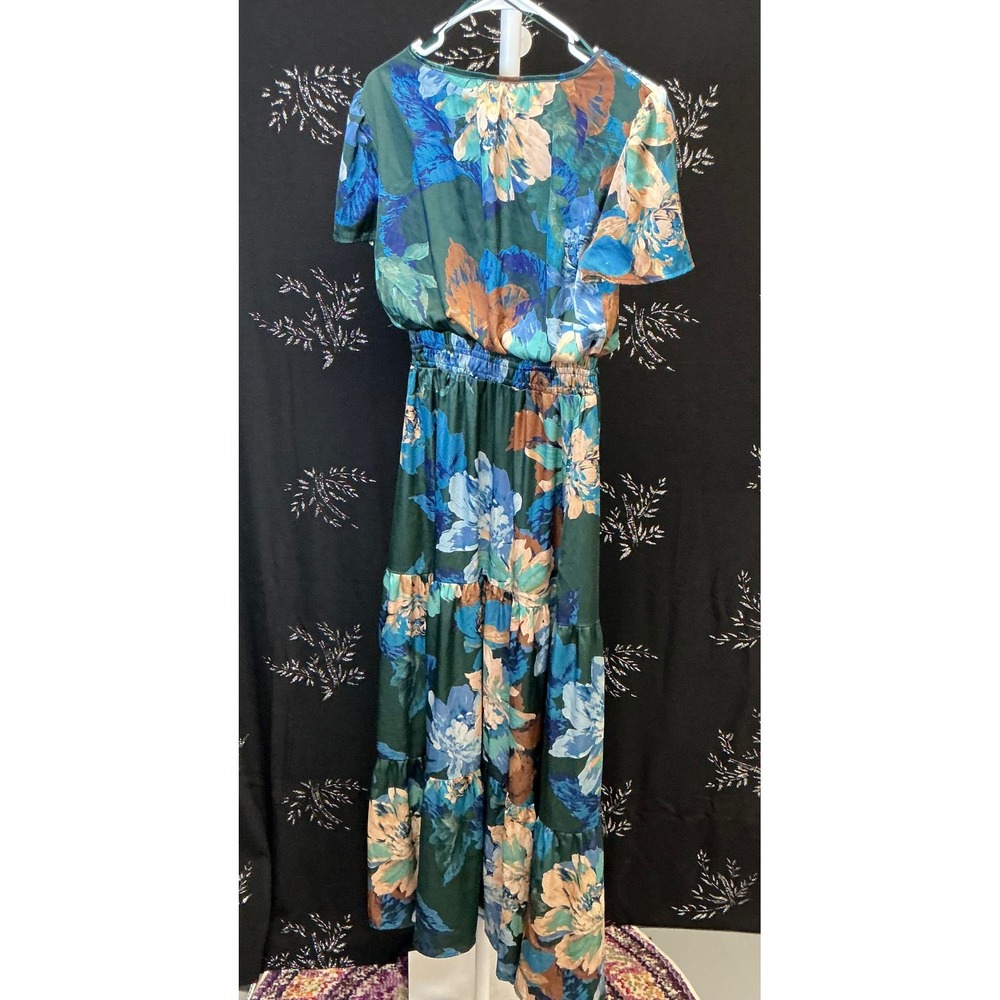 Nicole Miller New York Floral Maxi‎ Dress Green Blue Smocked Waist Tiered Skirt